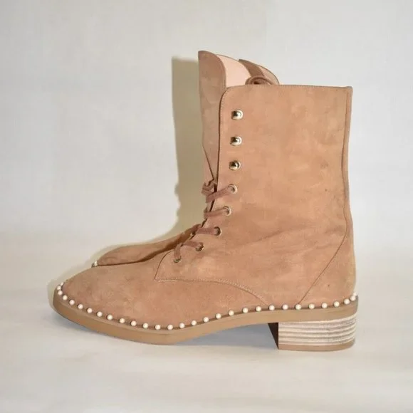 $750 STUART WEITZMAN Sondra Pearl Combat LACE UP Boot SUEDE TAN 9.5 (PA15)